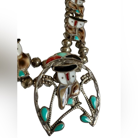 Sterling Silver Zuni Inlay Owl Squash Blossom Necklace Signed PITKIN PW NATEWA - Picture 8 of 12